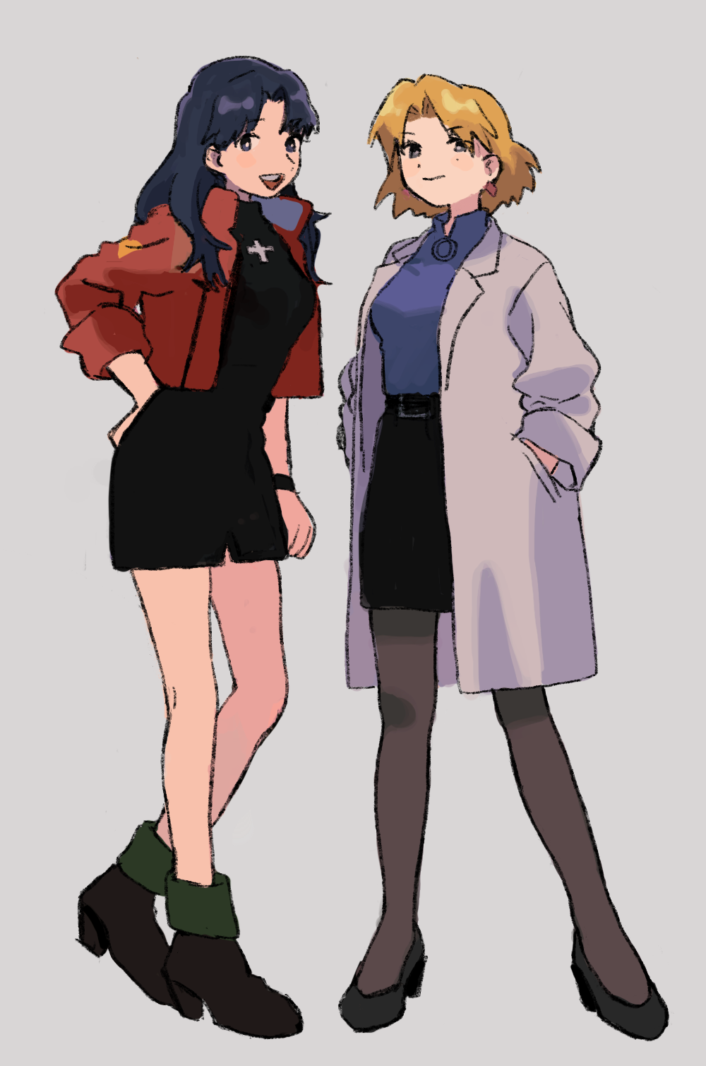 2girls, akagi_ritsuko, ankle_boots, black_boots, black_dress, black_eyes, black_hair, black_pantyhose, black_skirt, blonde_hair, blue_shirt, blush, boots, breasts, closed_mouth, coat, dress, earrings, female_focus, full_body, grey_background, hand_on_own_hip, hands_in_pockets, heel_up, high_heel_boots, high_heels, highres, jacket, jewelry, katsuragi_misato, ketsuro, lab_coat, long_hair, looking_at_viewer, medium_breasts, mole, mole_under_eye, multiple_girls, neon_genesis_evangelion, open_clothes, open_coat, open_jacket, open_mouth, pantyhose, pencil_skirt, red_jacket, shirt, short_dress, short_hair, simple_background, skirt, smile, standing, three-quarter_sleeves