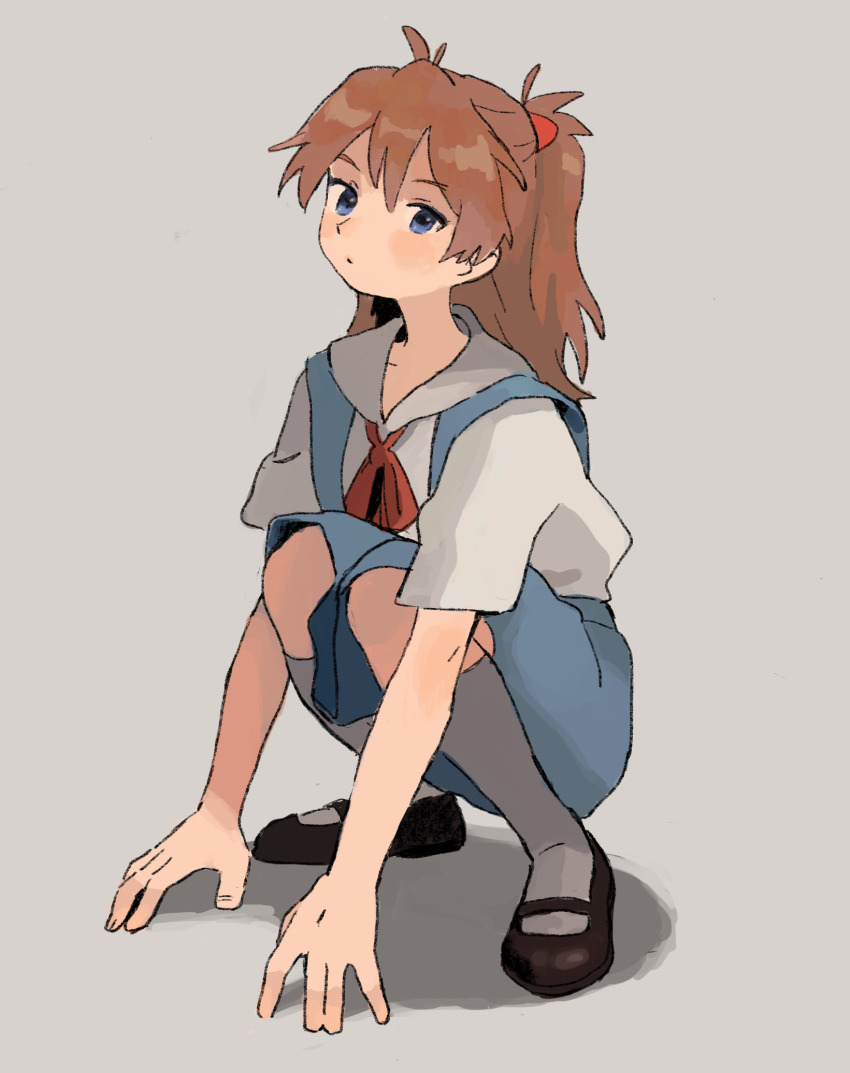 1girl, blue_eyes, blue_skirt, blush, brown_hair, closed_mouth, full_body, grey_background, grey_socks, highres, ketsuro, kneehighs, knees_together_feet_apart, long_hair, looking_at_viewer, mary_janes, neck_ribbon, neon_genesis_evangelion, red_ribbon, ribbon, school_uniform, shoes, short_sleeves, simple_background, skirt, socks, solo, souryuu_asuka_langley, squatting, tokyo-3_middle_school_uniform, two_side_up
