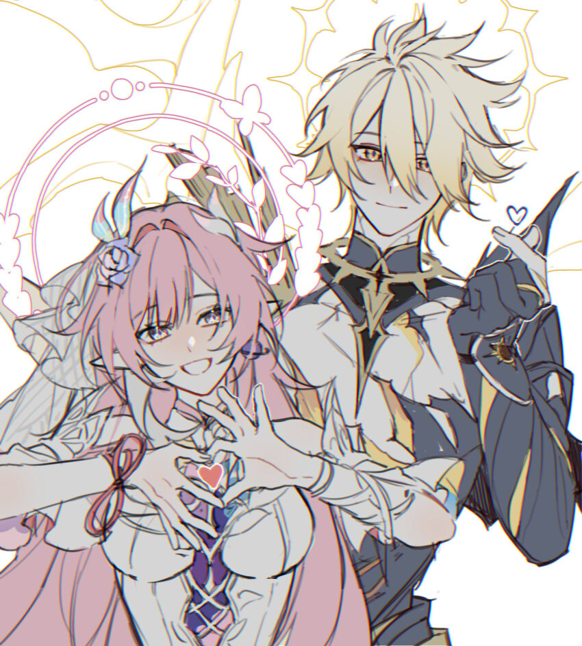 1boy, 1girl, blonde_hair, breasts, cracked_skin, cyrene_(honkai:_star_rail), cyrene_(demiurge)_(honkai:_star_rail), dress, earrings, flower, gold_blood, h0913726, hair_flower, hair_ornament, halo, hashtag-only_commentary, heart, heart_hands, highres, honkai:_star_rail, honkai_(series), jewelry, large_breasts, long_hair, open_mouth, phainon_(honkai:_star_rail), phainon_(khaslana)_(honkai:_star_rail), pointy_ears, short_hair, smile, topless_male, veil, very_long_hair, white_background, white_dress, white_veil, yellow_eyes