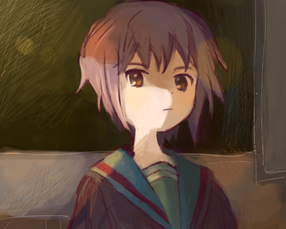 1girl, black_shirt, blue_sailor_collar, brown_eyes, chalkboard, closed_mouth, expressionless, indoors