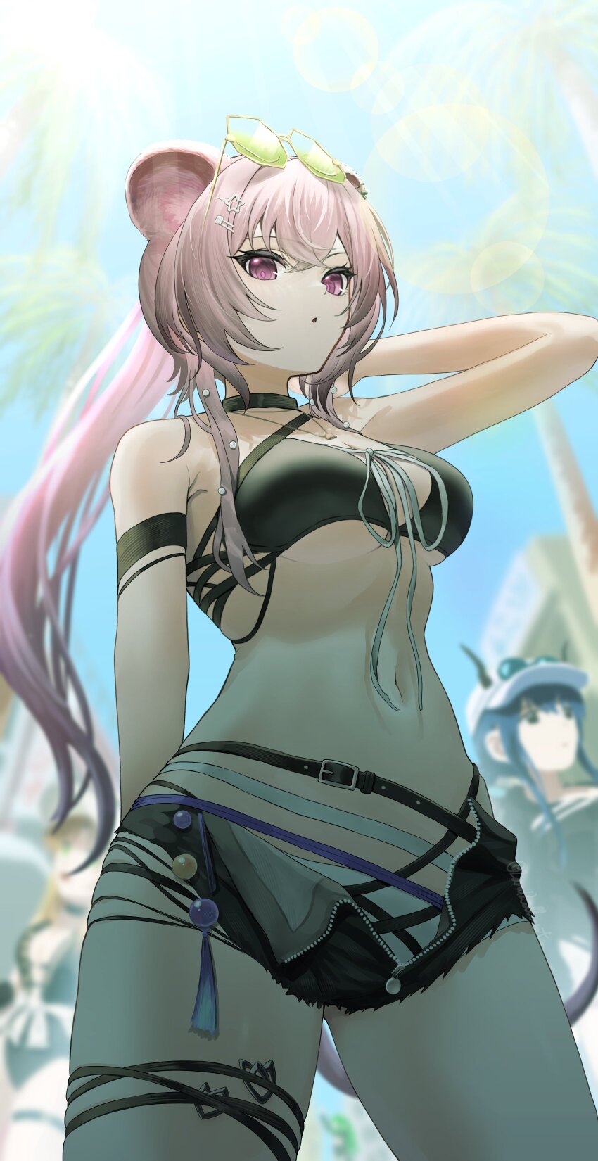 3girls, absurdres, animal_ears, arknights, bare_shoulders, belt, bikini, bikini_bottom_under_shorts