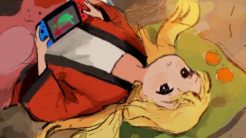 1girl, black_eyes, blonde_hair, futaba_anzu, hair_spread_out, handheld_game_console, hanten_(clothes), head_on_pillow