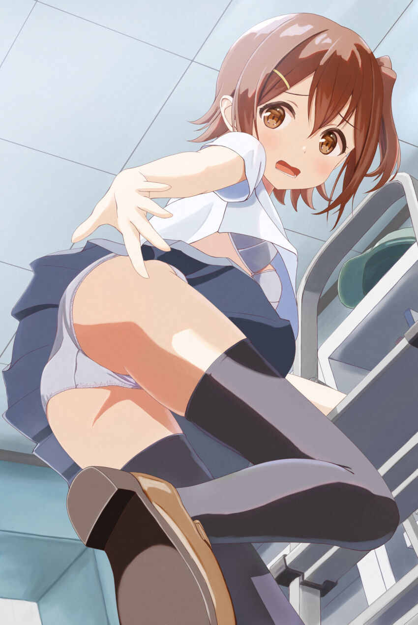 1girl, absurdres, ass, black_thighhighs, bra, breasts, brown_eyes, brown_hair, brown_shoes, ceiling, commentary_request, crotch_seam, double-parted_bangs, embarrassed, foot_out_of_frame, foot_up, from_below, grey_bra, grey_panties, grey_skirt, hair_ornament, hairpin, highres, idolmaster, idolmaster_million_live!, idolmaster_million_live!_theater_days, indoors, kasuga_mirai, ladder, long_bangs, looking_at_viewer, looking_down, medium_breasts, miniskirt, miuoisi, on_ladder, one_side_up, open_mouth, panties, raised_inner_eyebrows, school_uniform, shirt, shoes, short_hair, short_sleeves, skirt, solo, thighhighs, tile_ceiling, tiles, underwear, upshirt, upskirt, white_shirt