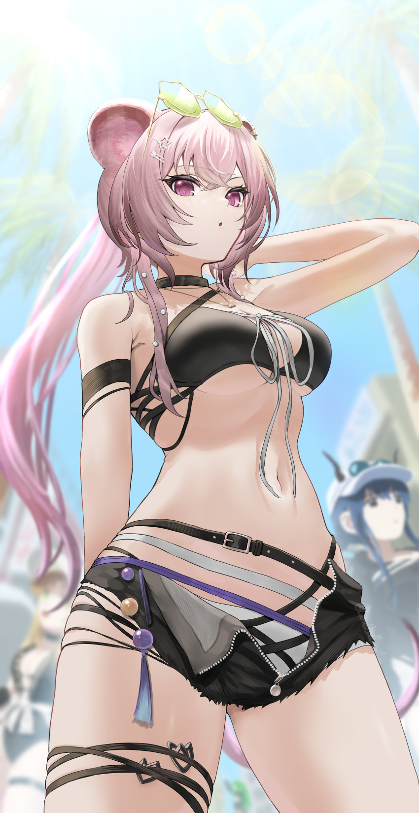 3girls, absurdres, animal_ears, arknights, bare_shoulders, belt, bikini, bikini_bottom_under_shorts