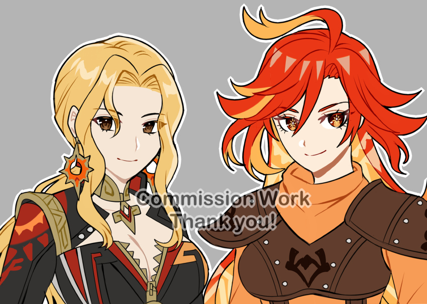 2girls, blonde_hair, breasts, brown_eyes, choker, cleavage, commission, cosplay