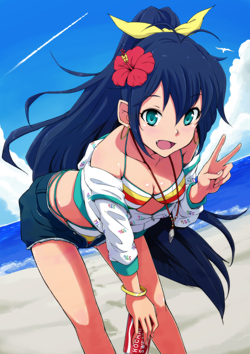 1girl, absurdres, animal, aqua_eyes, beach, bent_over, bikini, bikini_under_clothes