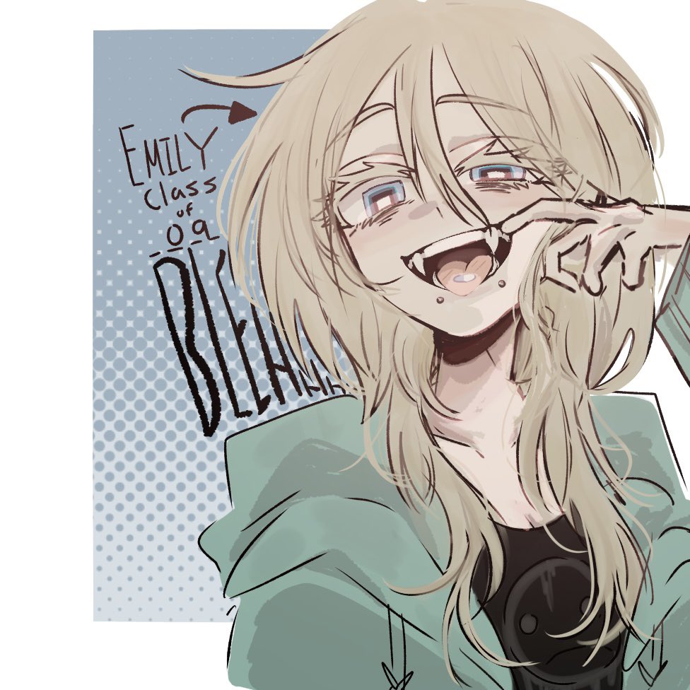 1girl, arrow_(symbol), black_shirt, blonde_hair, blue_eyes, border, character_name, class_of_09