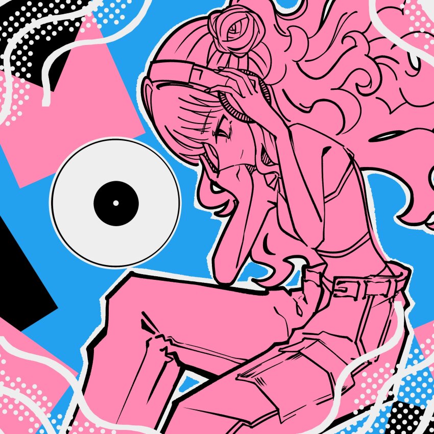 1girl, album_cover, closed_mouth, commentary, cover, crop_top, english_commentary, feet_out_of_frame