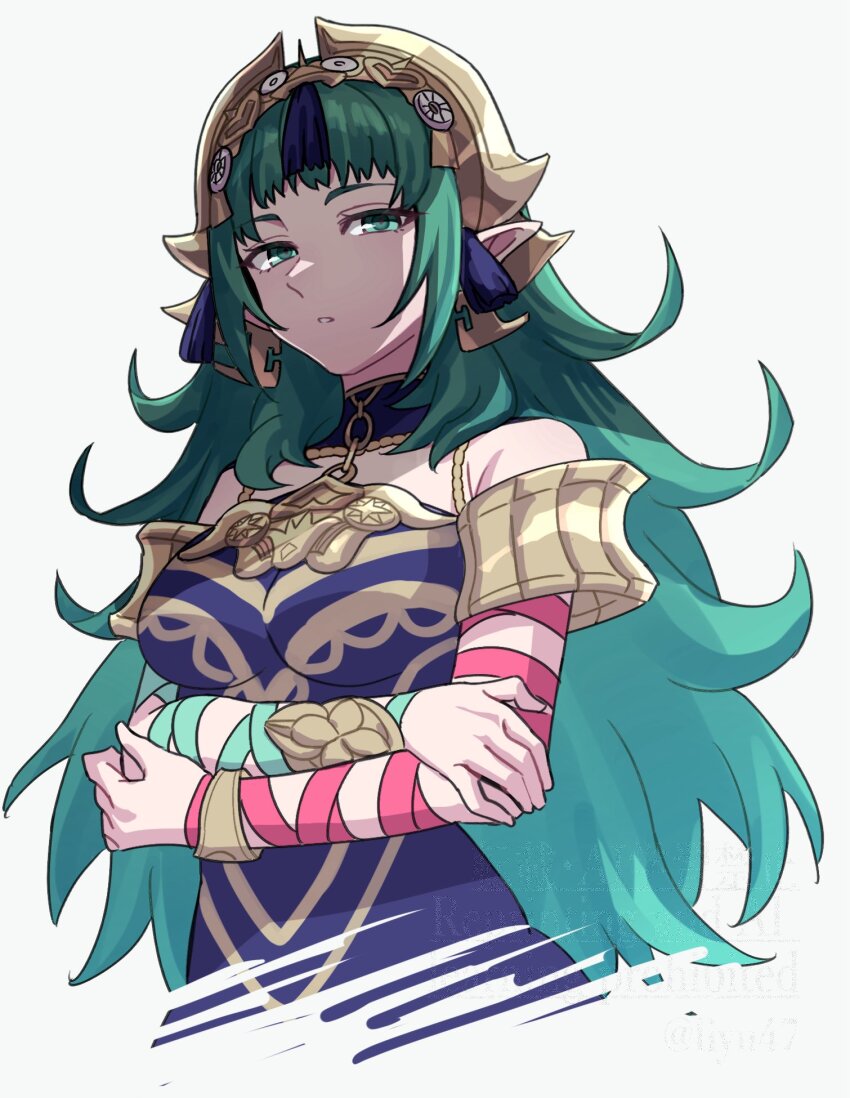 1girl, bare_shoulders, breasts, fire_emblem, fire_emblem:_fortune's_weave, green_eyes, green_hair, hair_ornament