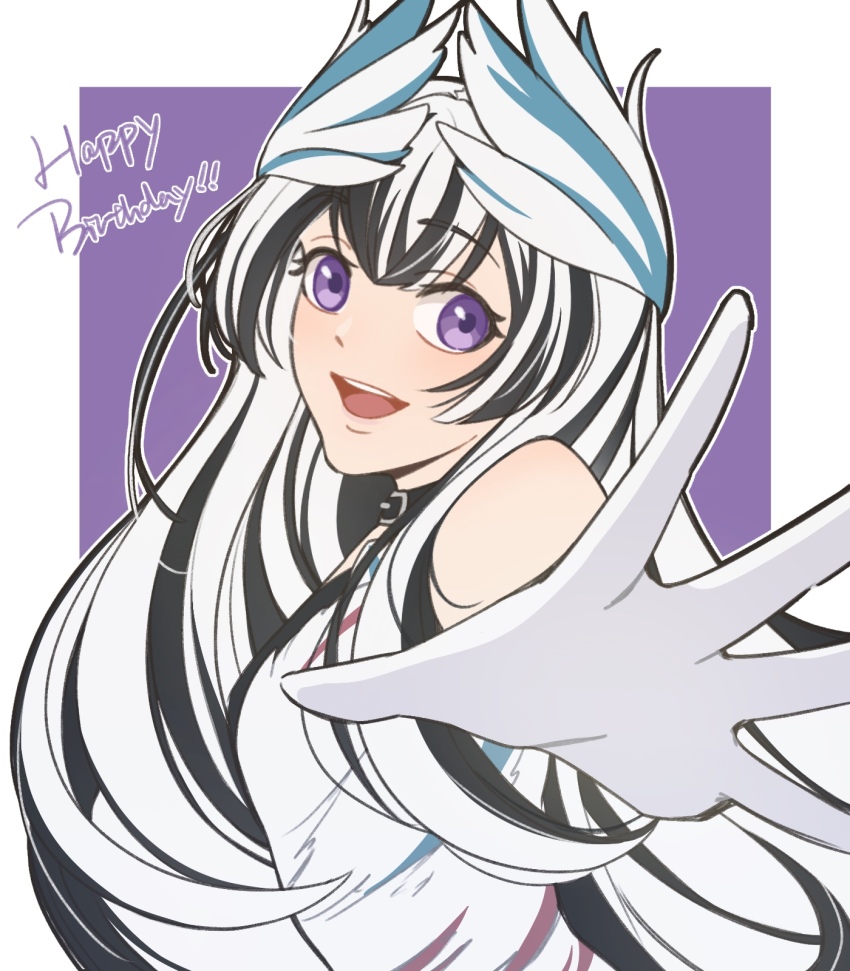 1girl, :d, black_hair, choker, dress, fire_emblem, fire_emblem_engage, from_side, fumiko_(290976767), gloves, hair_ornament, happy_birthday, highres, long_hair, looking_at_viewer, multicolored_hair, nintendo, open_mouth, purple_eyes, sleeveless, sleeveless_dress, smile, solo, two-tone_hair, upper_body, very_long_hair, veyle_(fire_emblem), white_dress, white_gloves, white_hair, wing_hair_ornament