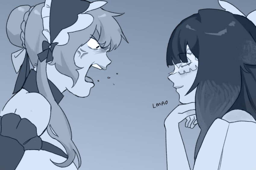 2girls, anger_vein, angry, blue_theme, braid, columbina_(genshin_impact), commentary, english_commentary, face-to-face, genshin_impact, hair_bun, highres, lace_mask, lion_screaming_at_monkey_(meme), meme, monochrome, multiple_girls, profile, sakaeruton, sandrone_(genshin_impact), shouting, twin_braids, upper_body