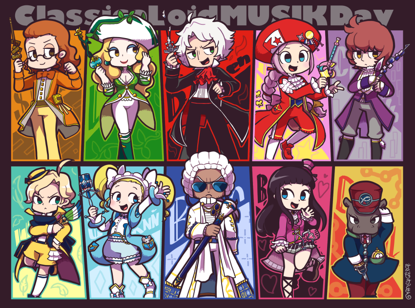 3girls, 6+boys, ahoge, antonin_dvorak_(classicaloid), arm_up, ascot, black_boots, black_hair