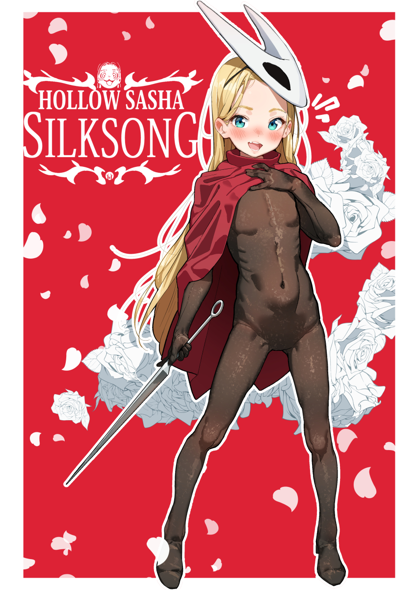 1girl, absurdres, blonde_hair, blue_eyes, blush, bodysuit, borrowed_character, cosplay, flat_chest, flower, forehead, highres, hollow_knight, hollow_knight:_silksong, hornet_(hollow_knight), hornet_(hollow_knight)_(cosplay), loli, long_hair, mask, mr1thonk, navel, red_background, rose, sasha_(haguhagu), sword, weapon, white_flower, white_rose