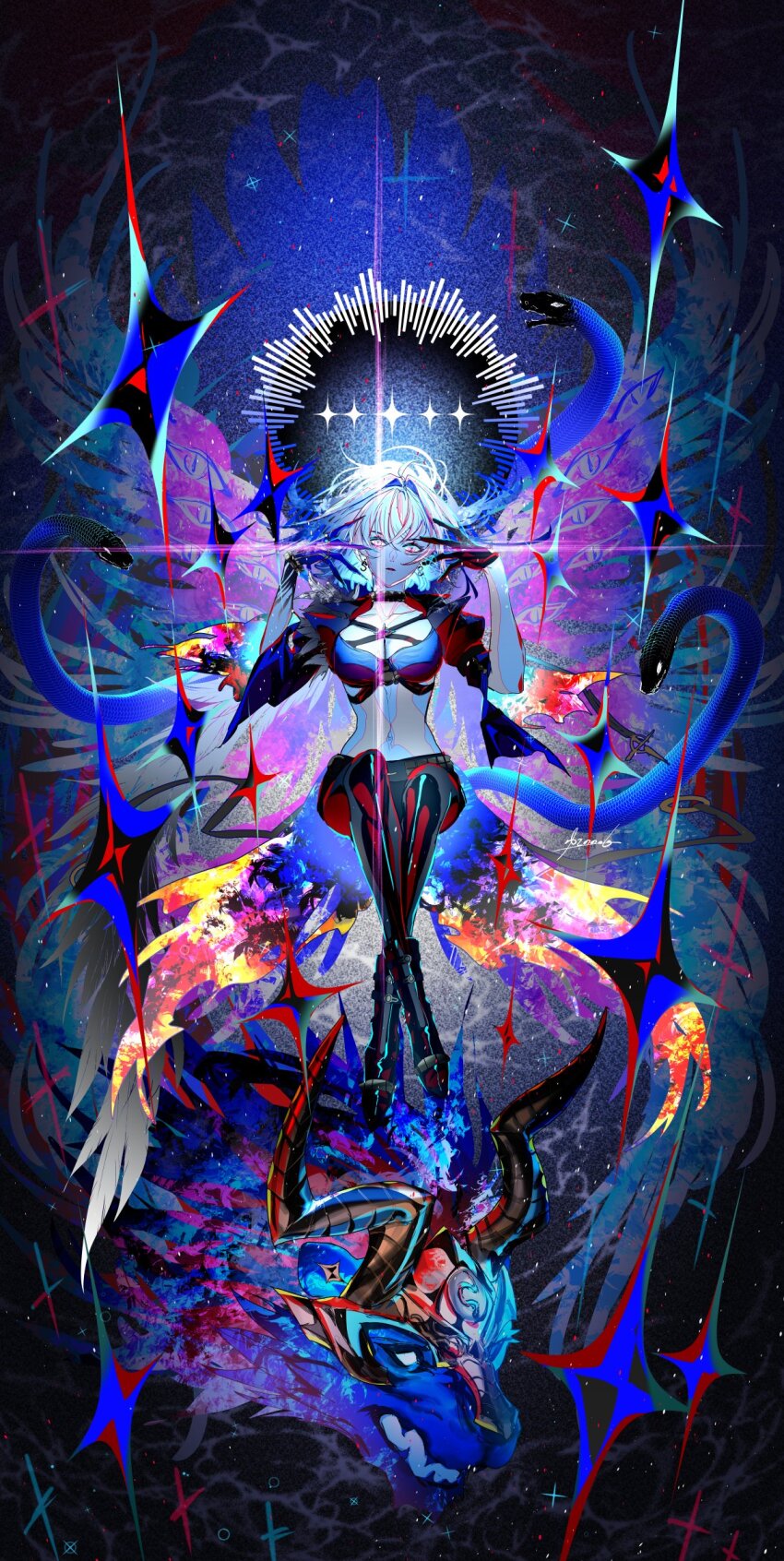 1girl, abstract_background, absurdres, animal_helmet, aura, blue_bra, blue_snake, boots