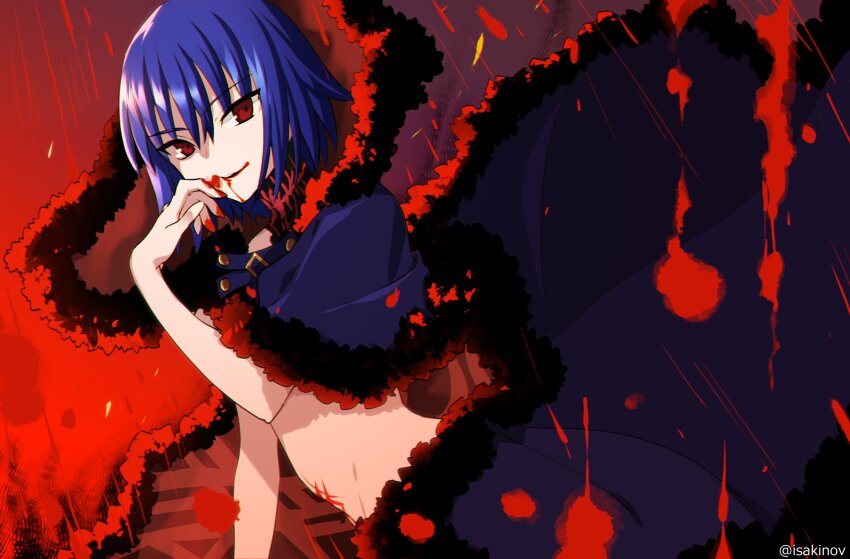 1girl, blood, blood_from_mouth, blood_on_face, blood_splatter, blue_hair, cape, ciel_(tsukihime)