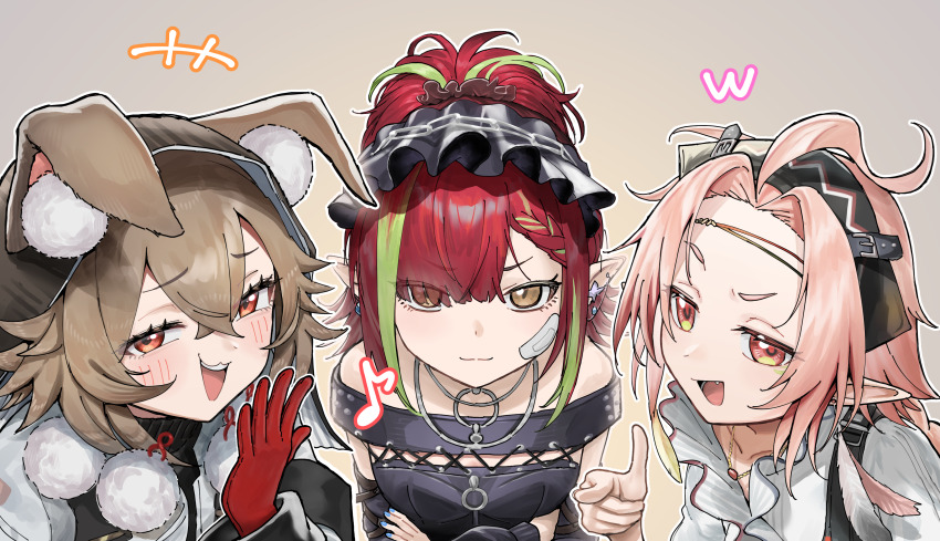 +++, 3girls, absurdres, ahoge, animal_ear_fluff, animal_ears, arknights, bandaid