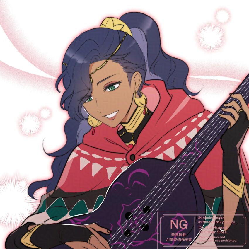 1girl, blue_hair, circlet, cloak, dark-skinned_female, dark_skin, earrings, fire_emblem