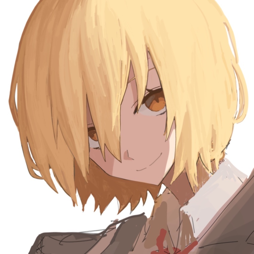 1girl, blonde_hair, collared_shirt, don_quixote_(project_moon), limbus_company, looking_at_viewer, necktie, project_moon, red_necktie, rikka_(r1_kk4), shirt, short_hair, simple_background, smile, solo, upper_body, white_background, white_shirt, yellow_eyes