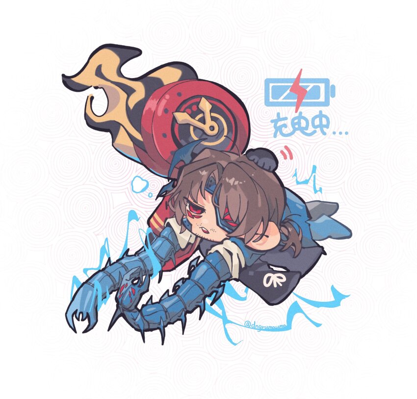 1boy, 1other, aedd_(e.g.o), arthropod_boy, black_gloves, blue_coat, brown_hair, centipede_boy