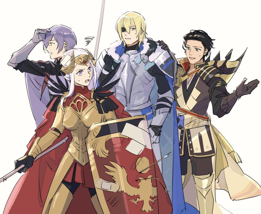 1boy, 1girl, 3boys, armor, blonde_hair, brown_hair, claude_von_riegan, claude_von_riegan_(almyra's_king)