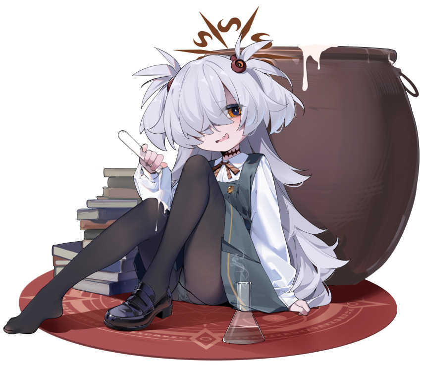 1girl, absurdres, black_panties, black_pantyhose, black_shoes, blue_archive, book, book_stack, brown_eyes, brown_halo, brown_ribbon, buttons, carpet, cauldron, chinese_commentary, collared_shirt, commentary_request, crotch_seam, diagonal-striped_ribbon, double-breasted, dress, erlenmeyer_flask, eyes_visible_through_hair, fang, flask, full_body, grey_dress, grey_hair, hair_between_eyes, hair_ornament, hair_over_one_eye, halo, hand_up, highres, holding, holding_test_tube, kanoe_(blue_archive), knees_up, legs, loafers, loli, long_hair, long_sleeves, looking_at_viewer, messy_hair, neck_ribbon, nervous_smile, on_floor, one_eye_covered, open_mouth, painterliuhao, panties, panties_under_pantyhose, pantyhose, pinafore_dress, pleated_dress, pouring, pouring_onto_self, puffy_long_sleeves, puffy_sleeves, ribbon, scar, scar_on_neck, shaded_face, shadow, shirt, shoes, simple_background, single_bare_foot, single_shoe, sitting, skin_fang, sleeve_cuffs, sleeveless, sleeveless_dress, smile, smoke, smoke_trail, solo, suggestive_fluid, test_tube, thighs, toe_seam, two_side_up, underwear, very_long_hair, white_background, white_liquid, white_panties, white_shirt