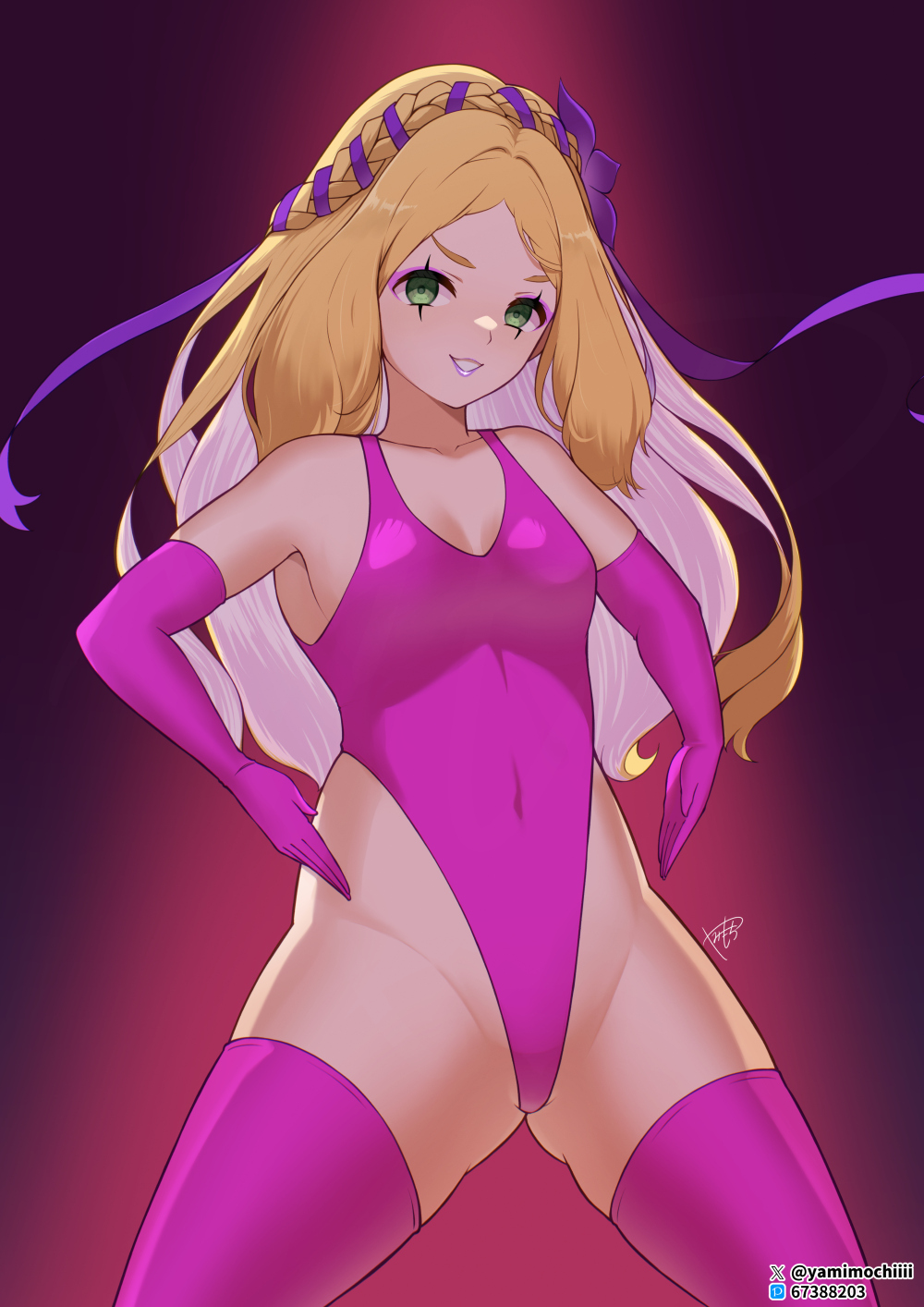 blonde_hair, bowlegged_pose, braid, breasts, corruption, covered_navel, crown_braid, dark_persona, eyeshadow, flower, gluteal_fold, green_eyes, haigure_pose, hair_flower, hair_ornament, hair_ribbon, highleg, highleg_leotard, highres, hinna_(visions_of_mana), leotard, long_hair, looking_at_viewer, makeup, mind_control, pink_eyeshadow, pink_leotard, pink_thighhighs, purple_lips, ribbon, seiken_densetsu, small_breasts, smile, super_highleg, thick_thighs, thighhighs, thighs, v-shaped_eyebrows, visions_of_mana, yami-mochi