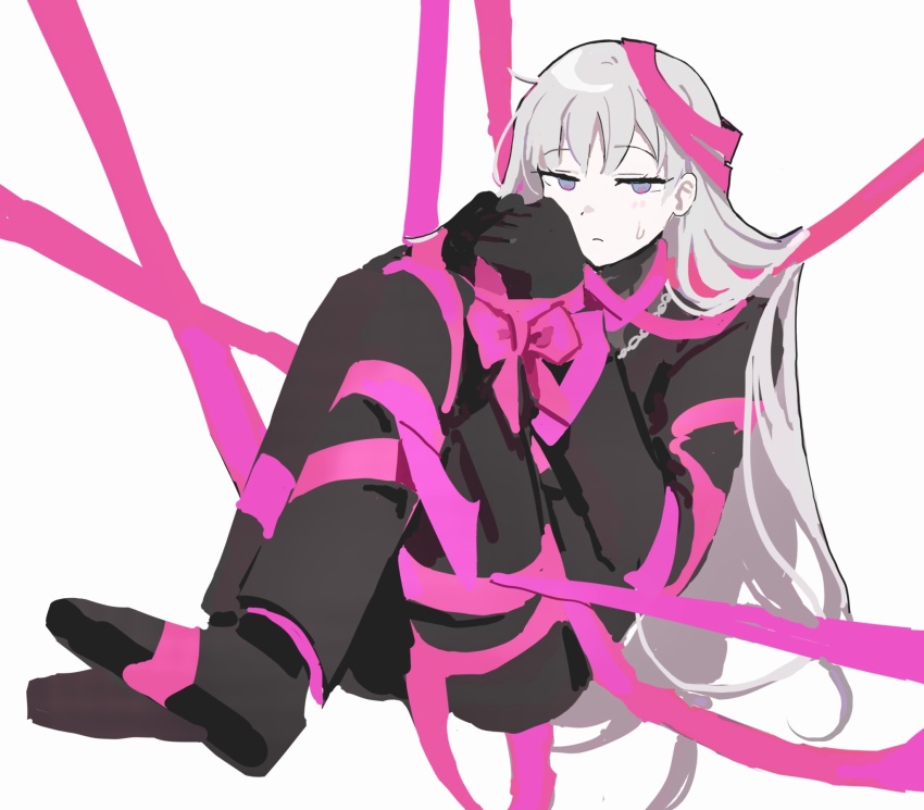 1girl, angelica_(project_moon), black_gloves, black_jacket, black_pants, black_shoes, black_sweater, blue_eyes