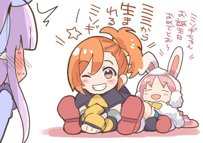 3girls, :d, ;d, ^^^, animal_ears, animal_hat, black_capelet, blush