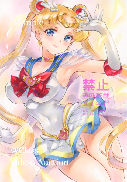 armpits, at_classics, bishoujo_senshi_sailor_moon, bishoujo_senshi_sailor_moon_supers, blonde_hair, blue_eyes, blue_sailor_collar, bow, brooch, choker, commentary, crisis_moon_compact, double_bun, elbow_gloves, gloves, gluteal_fold, hair_bun, hair_ornament, heart, heart_brooch, heart_choker, jewelry, long_hair, marker_(medium), multicolored_skirt, panties, pantyshot, red_bow, sailor_collar, sailor_moon, sailor_senshi_uniform, skirt, super_sailor_moon, traditional_media, tsukino_usagi, underwear, white_gloves, yellow_choker