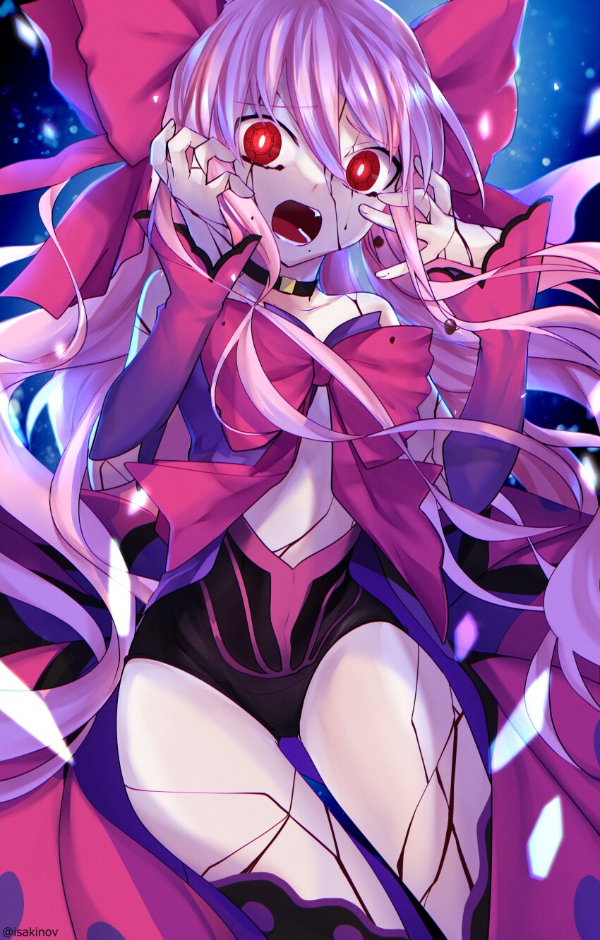 1girl, absurdres, black_choker, black_leotard, black_thighhighs, blood, bow, bracelet