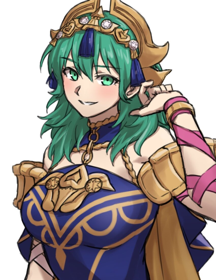 1girl, alternate_hair_color, arm_wrap, blush, breasts, commentary_request, cosplay, dress