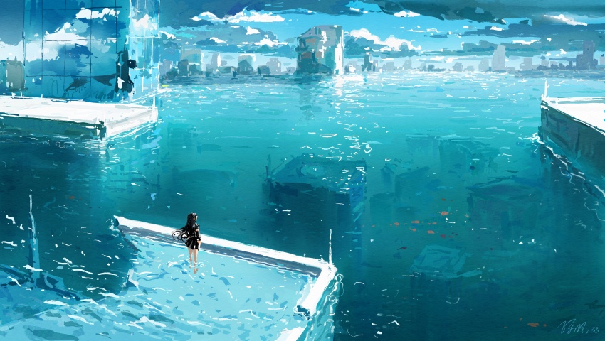 1girl, absurdres, black_hair, black_shirt, black_skirt, blue_sky, building, chinese_commentary, city, cityscape, cloud, commentary_request, day, feitu233, floating_hair, flood, from_above, from_behind, highres, long_hair, ocean, original, outdoors, post-apocalypse, ruins, scenery, shirt, signature, skirt, sky, skyscraper, wading, water, wide_shot