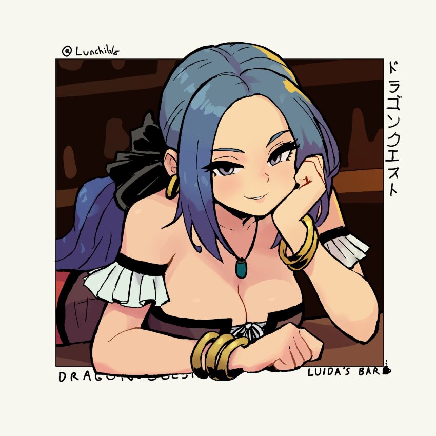 1girl, bar_(place), black_bow, blue_hair, bodice, border, bow, bracelet, breasts, brown_bodice, cleavage, commentary, copyright_name, dragon_quest, dragon_quest_iii, earrings, gold_bracelet, gold_earrings, hair_bow, hand_on_own_cheek, hand_on_own_face, highres, hoop_earrings, jewelry, large_breasts, looking_at_viewer, low_ponytail, lunchiblz, necklace, parted_hair, ponytail, purple_eyes, ruida, smile, solo, twitter_username, upper_body, white_border