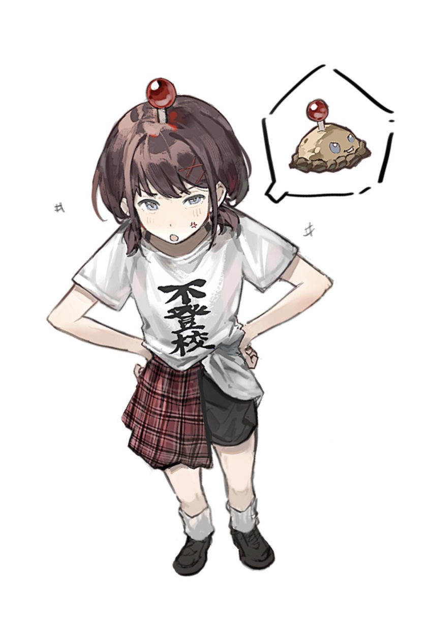 1girl, anger_vein, black_shoes, black_shorts, blue_eyes, blush, brown_hair, chinese_commentary