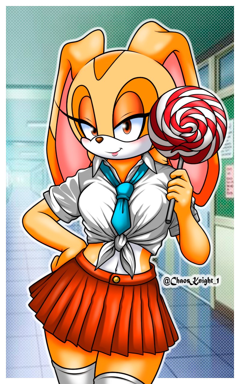 1girl, animal_ears, breasts, candy, chaosknight_1, cream_the_rabbit, food, furry, furry_female, hallway, highres, holding, holding_candy, holding_food, holding_lollipop, indoors, lollipop, looking_at_viewer, narrowed_eyes, non-web_source, orange_fur, rabbit, rabbit_ears, school, school_uniform, sega, skirt, smile, solo, sonic_(series)