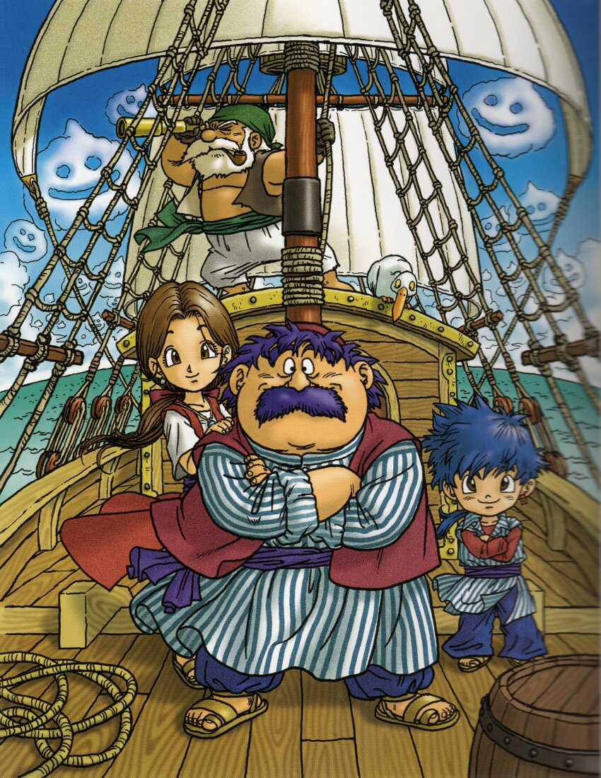 1girl, 3boys, absurdres, beard, blue_pants, blue_sky, bow, brown_hair