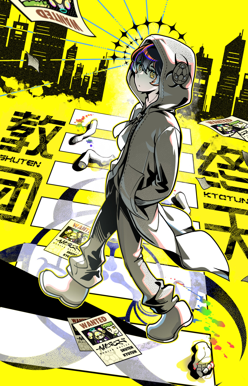 1girl, absurdres, angel, biohazard_symbol, black_hair, blonde_hair, bright_pupils, chinese_commentary