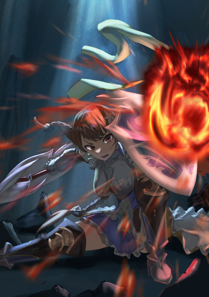 1girl, absurdres, bad_id, bad_pixiv_id, brown_hair, dorothy_(grimms_notes), dorothy_(repage)_(grimms_notes), fighting_stance, grimms_notes, harimaji, highres, holding, holding_polearm, holding_shield, holding_weapon, looking_at_viewer, open_mouth, polearm, shield, shielding, solo, weapon