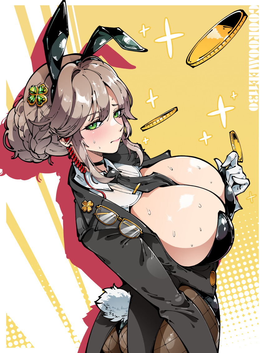 1girl, absurdres, ade_(agent_bunny)_(nikke), ade_(nikke), animal_ear_hairband, animal_ears, between_breasts, black_leotard