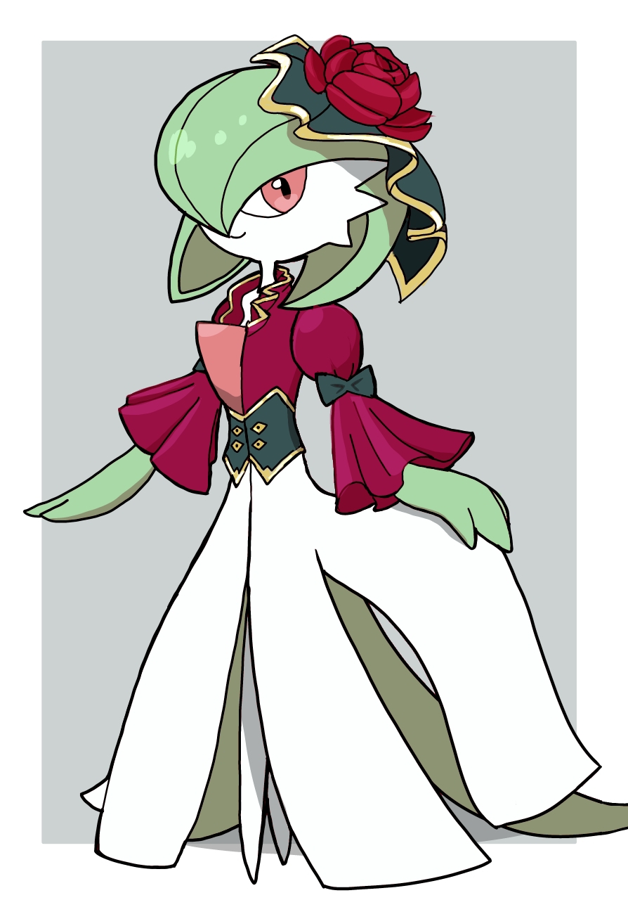 1girl, bob_cut, border, closed_mouth, clothed_pokemon, colored_skin, corset, female_focus