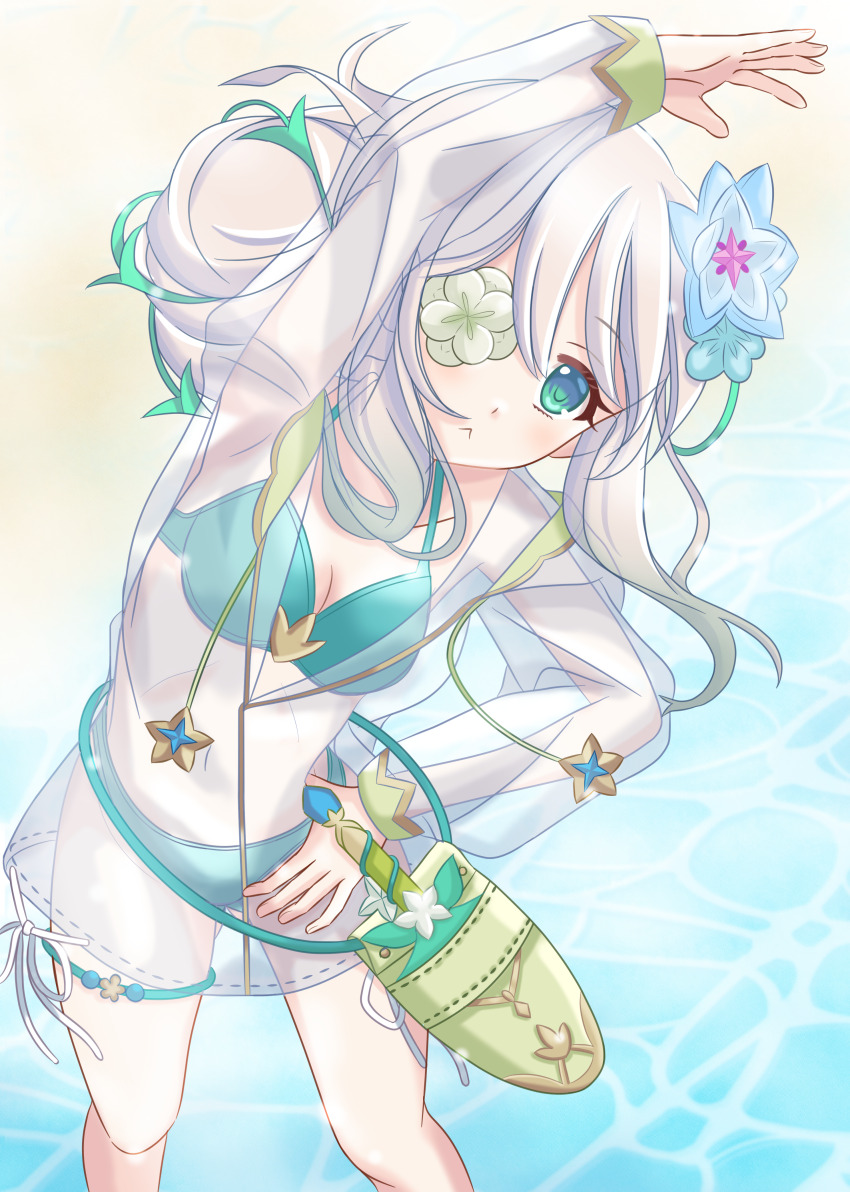1girl, absurdres, anemone_(princess_connect!), anemone_(summer)_(princess_connect!), arm_up, beach, bikini, flower, flower_eyepatch, flower_over_eye, green_bikini, green_eyes, hair_flower, hair_ornament, highres, knife_sheath, long_hair, nattsu_(nattsu_shiro), ocean, princess_connect!, see-through_clothes, sheath, solo, standing, stretching, swimsuit, white_hair