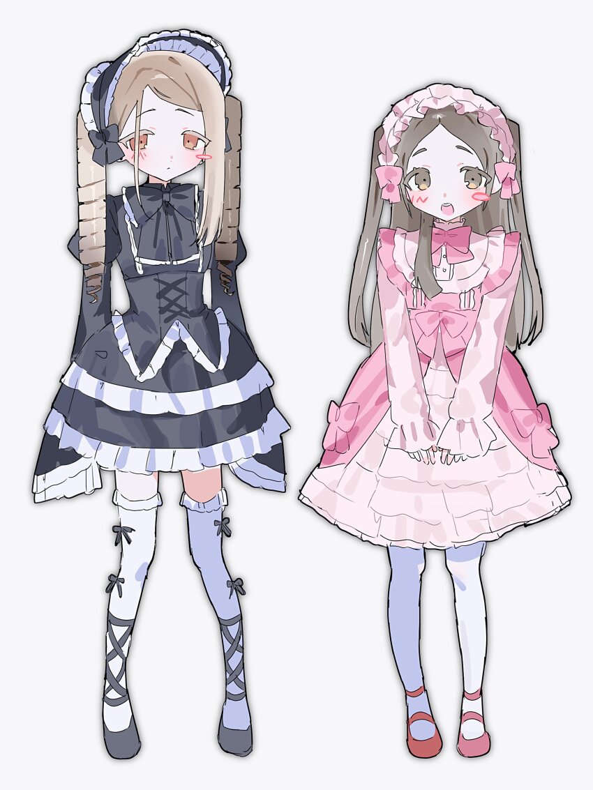 2girls, absurdres, accurate_lolita_coord, black_bow, black_bowtie, black_dress, black_ribbon, blonde_hair