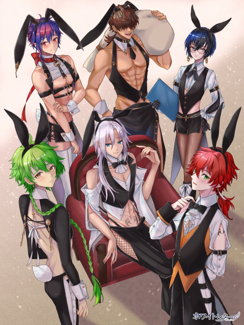 6+boys, :<, :d, abs, ahoge, alpaca_connect, animal_ears, apron