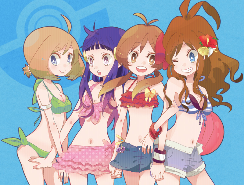 00s, 10s, 4girls, ahoge, antenna_hair, armband, bad_id, bad_pixiv_id, ball, beachball, bikini, blue_eyes, blue_hair, bracelet, breasts, brown_eyes, brown_hair, cleavage, dawn_(pokemon), denim, denim_shorts, denim_skirt, flower, frilled_bikini, frills, front-tie_top, grey_eyes, grin, hair_flower, hair_ornament, hairclip, hibiscus, hilda_(pokemon), jewelry, locked_arms, lyra_(pokemon), may_(pokemon), medium_breasts, multiple_girls, navel, nintendo, one_eye_closed, pokemon, pokemon_black_and_white, pokemon_diamond/pearl/platinum, pokemon_heartgold_and_soulsilver, pokemon_ruby/sapphire/emerald, polka_dot, polka_dot_bikini, polka_dot_swimsuit, pomeko, shorts, side-tie_bikini_bottom, skirt, smile, swimsuit, wink