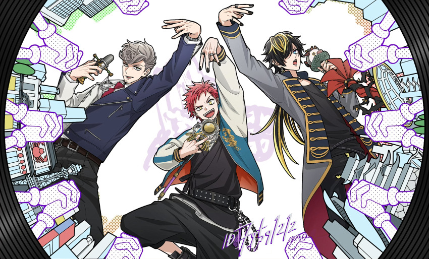 3boys, :d, :o, aimono_jyushi, amaguni_hitoya, ankle_boots, architecture, arm_up