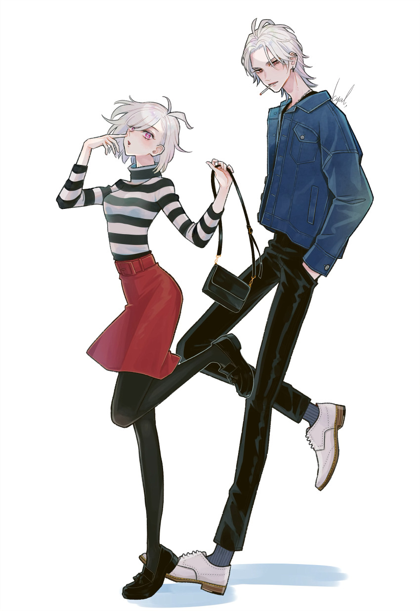 1boy, 1girl, :o, absurdres, alternate_costume, antenna_hair, aohitsugi_nemu, aohitsugi_samatoki