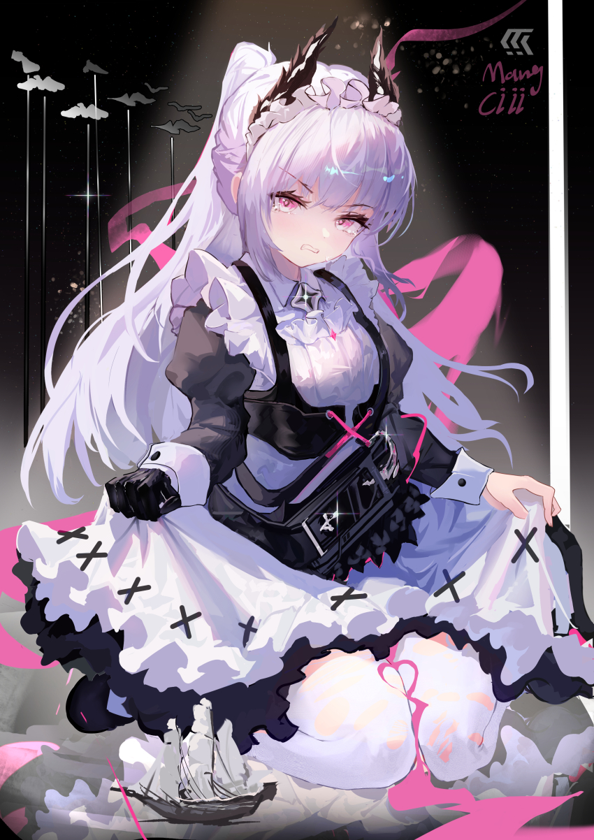 1girl, absurdres, angry, apron, arknights, artist_name, black_shoes, clenched_hand