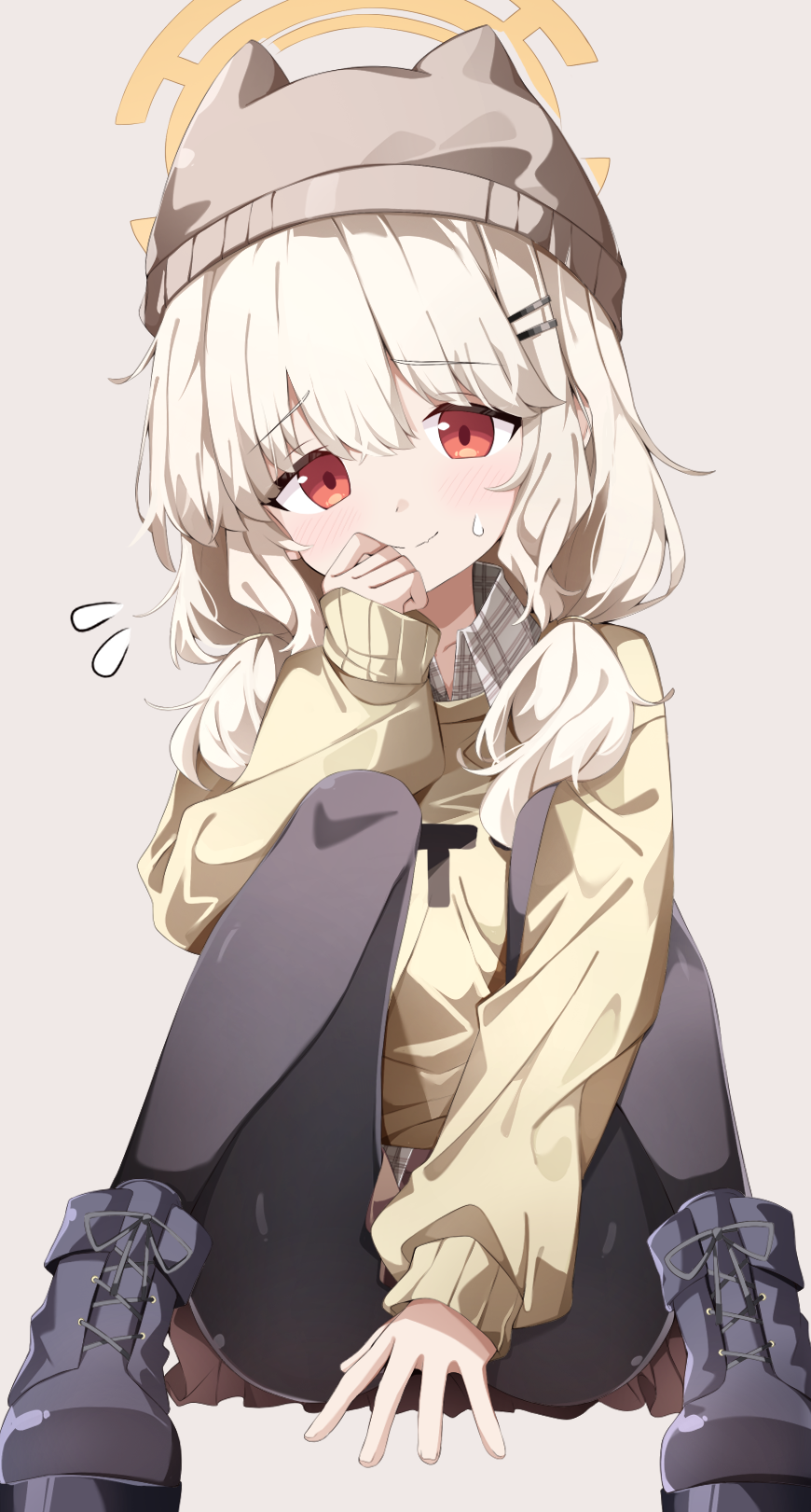 1girl, alternate_costume, animal_hat, aoba_(blue_archive), beanie, between_legs, black_boots, black_pantyhose