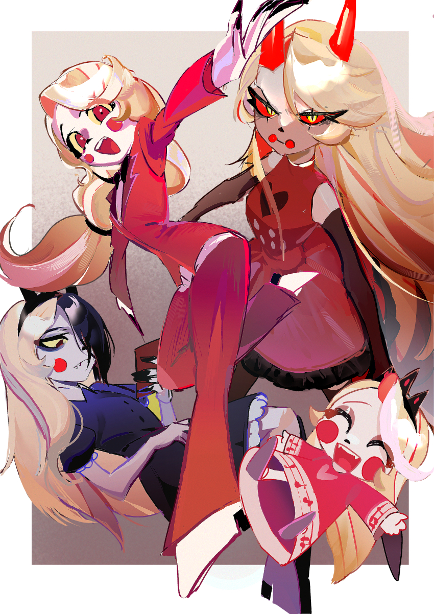 4girls, :d, ^_^, absurdres, aged_down, angry, ankle_boots, bags_under_eyes