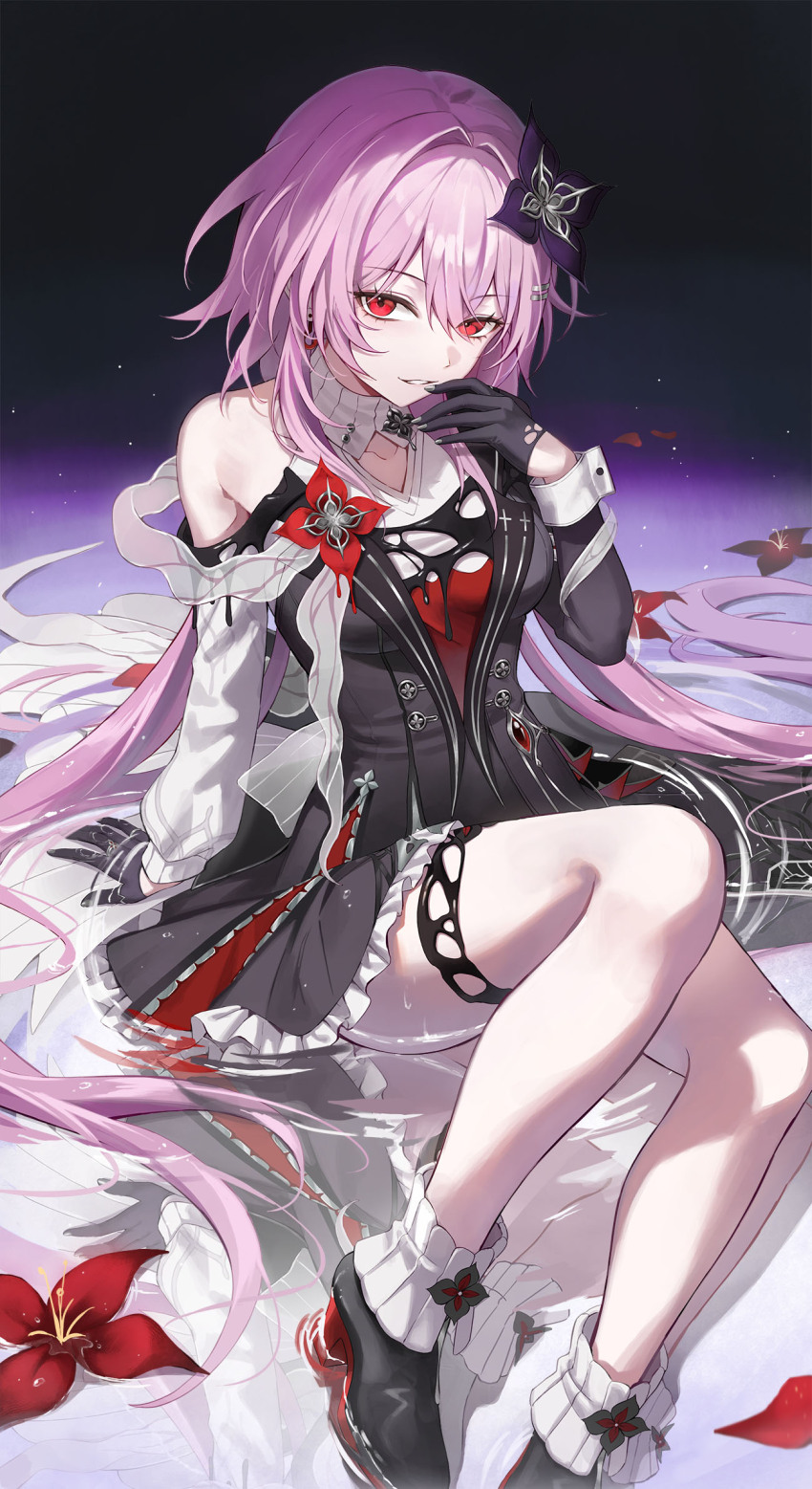 1girl, alternate_hair_length_(longer), arm_support, asymmetrical_dress, black_boots, black_dress, black_flower, black_gloves